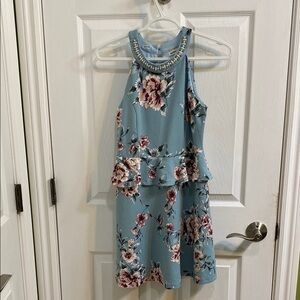 Monteau Girl Blue Floral Beaded Peplum Formal Midi Dress Girls Size Large 12